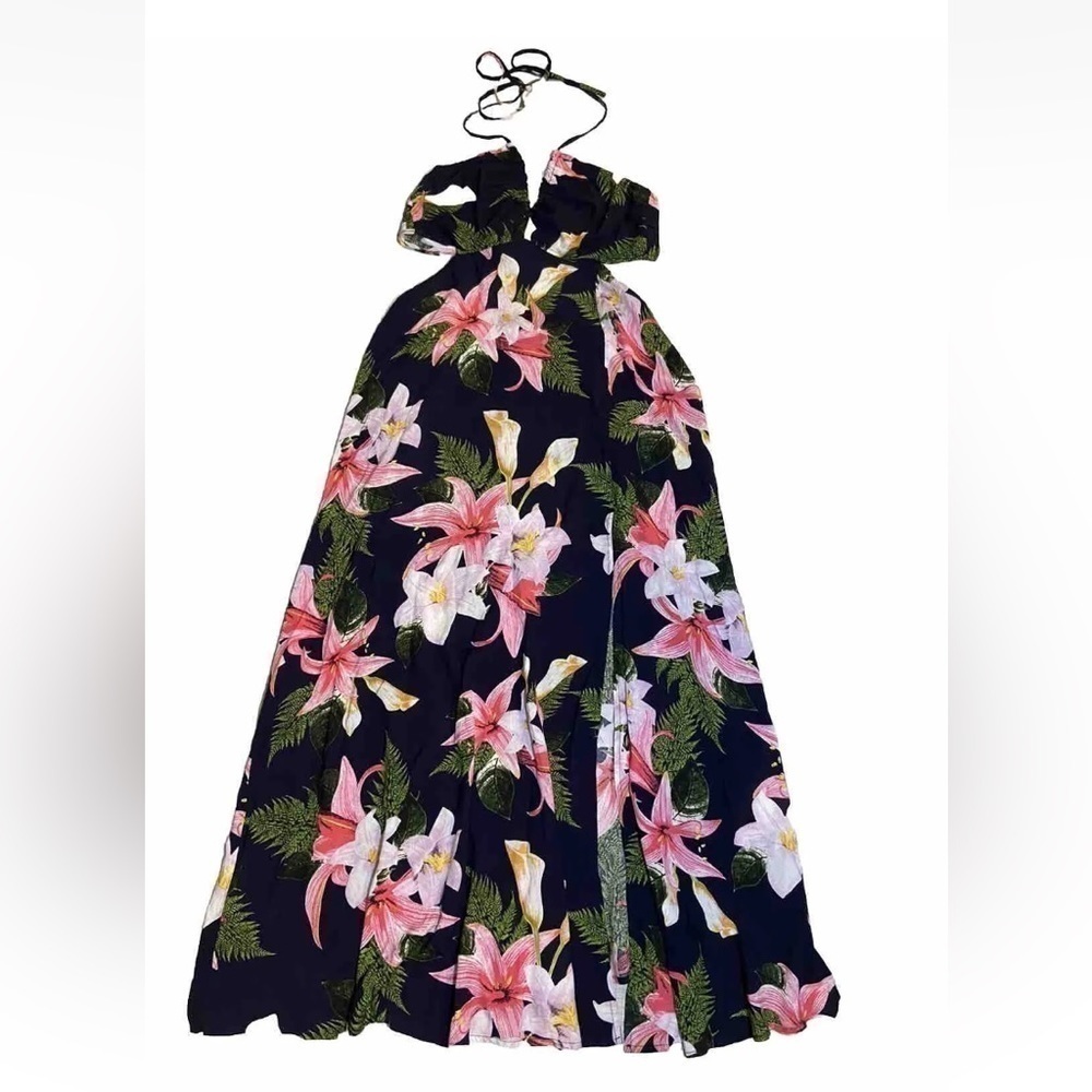 Aakaa Cut Out Maxi Dress Floral Full Skirt Halter Tie Back Size Small